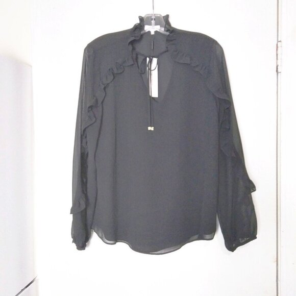 Calvin Klein NWT Black "Chiffon"/ Poly VNeck LongSleeve Neck Ruffled Blouse  SzL - Picture 1 of 11